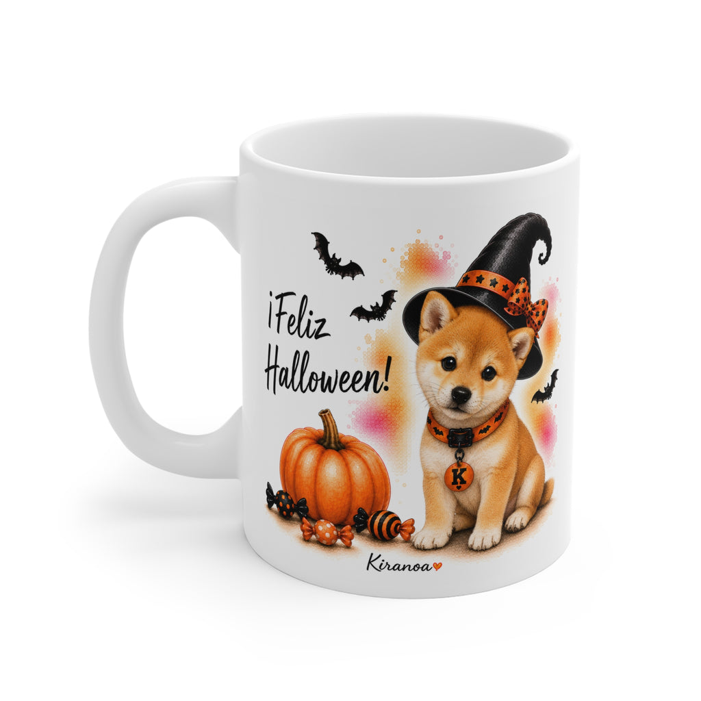 Taza cerámica Shiba Inu Halloween con diseño impreso en ambas caras vista trasera Kiranoa