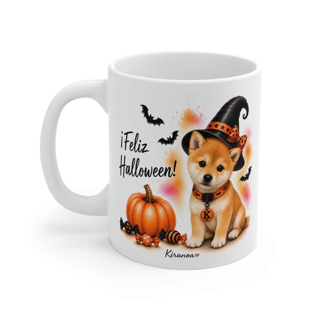 Taza cerámica Shiba Inu Halloween con diseño impreso en ambas caras vista trasera Kiranoa