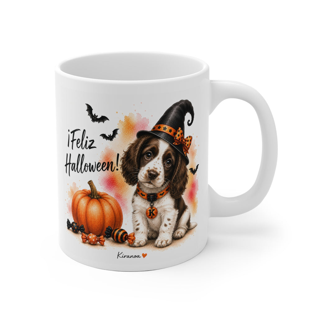 Taza cerámica Springer Spaniel Halloween con ilustración terrorífica vista frontal Kiranoa