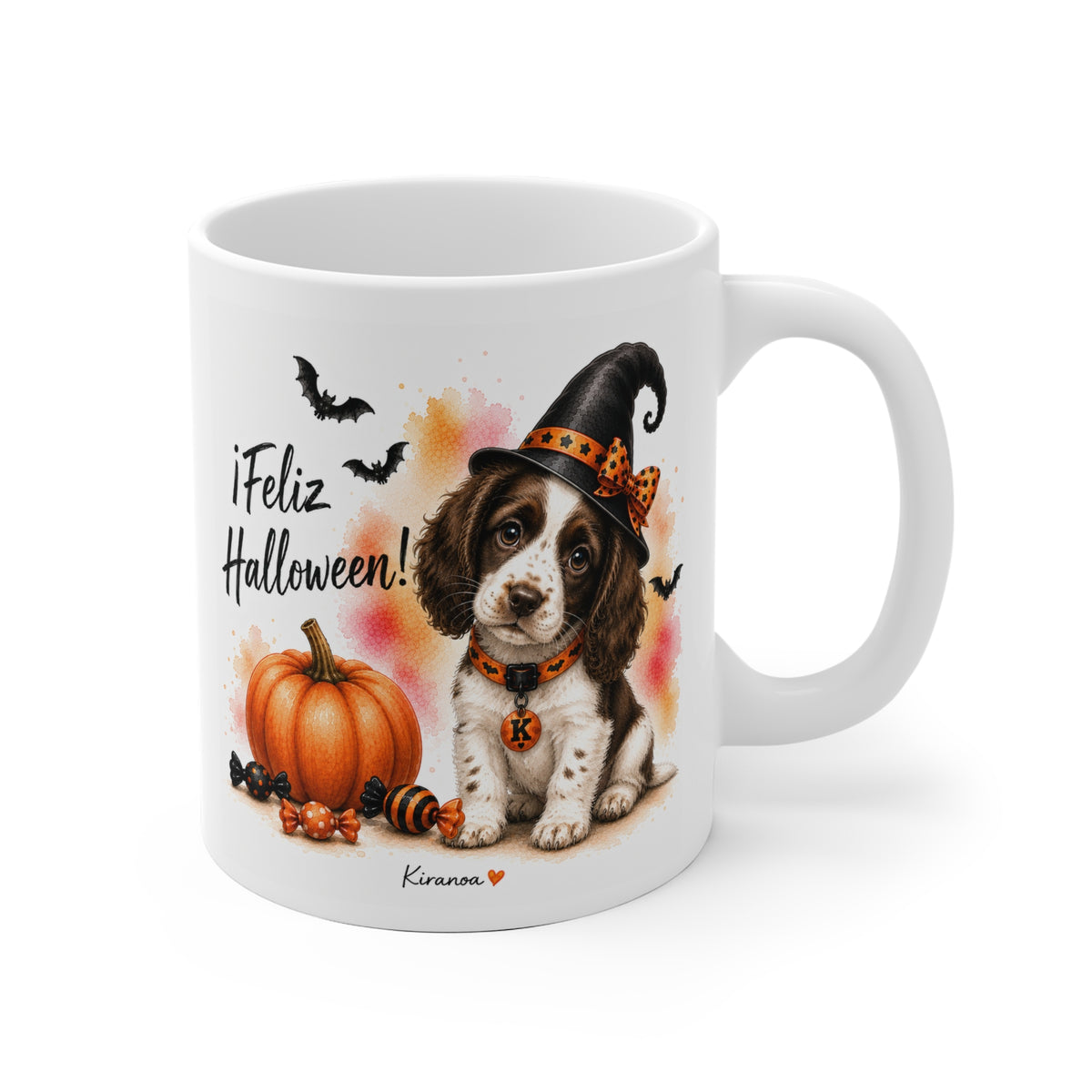 Taza cerámica Springer Spaniel Halloween con ilustración terrorífica vista frontal Kiranoa