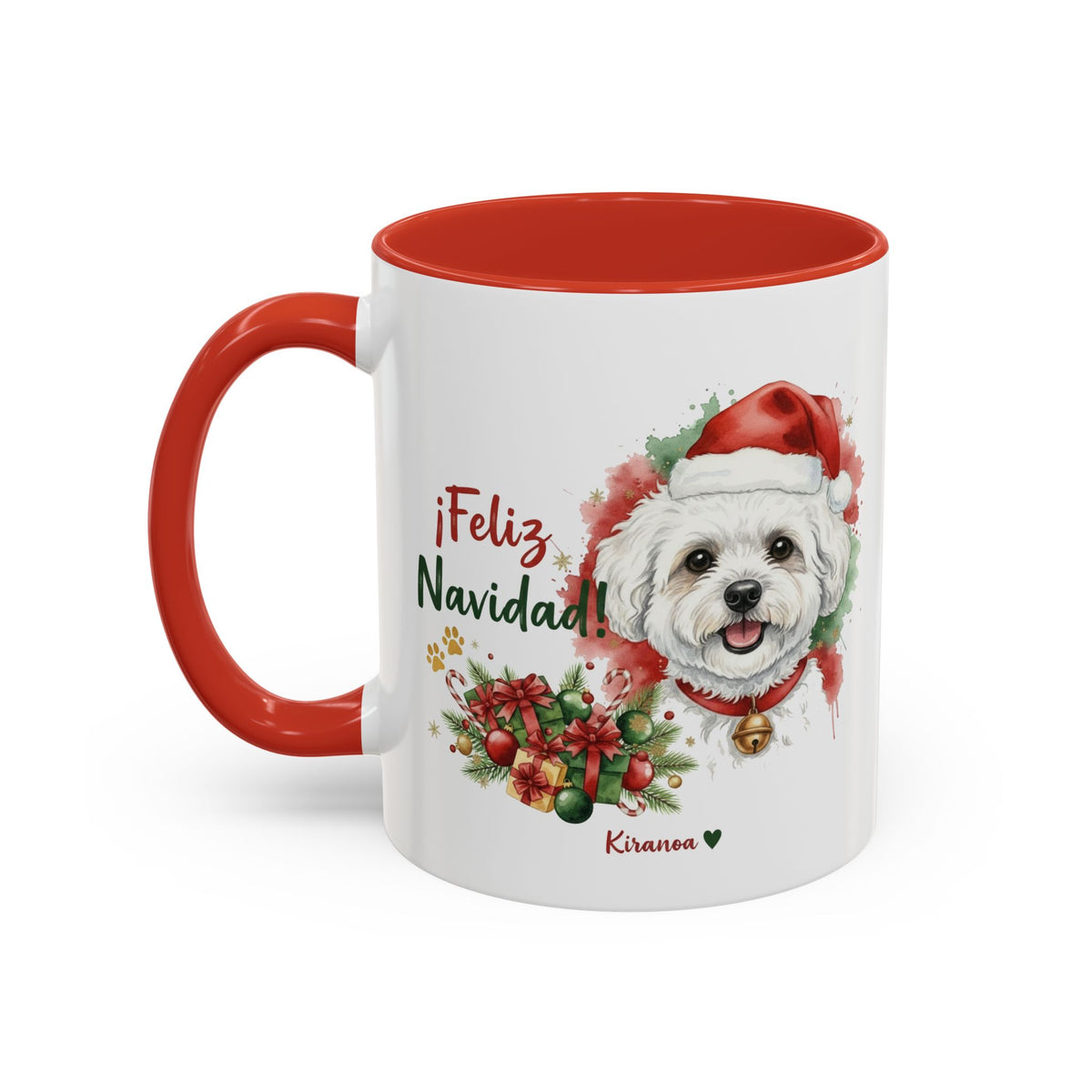 Taza Navideña Bichón Frisé con interior y asa roja vista trasera Kiranoa