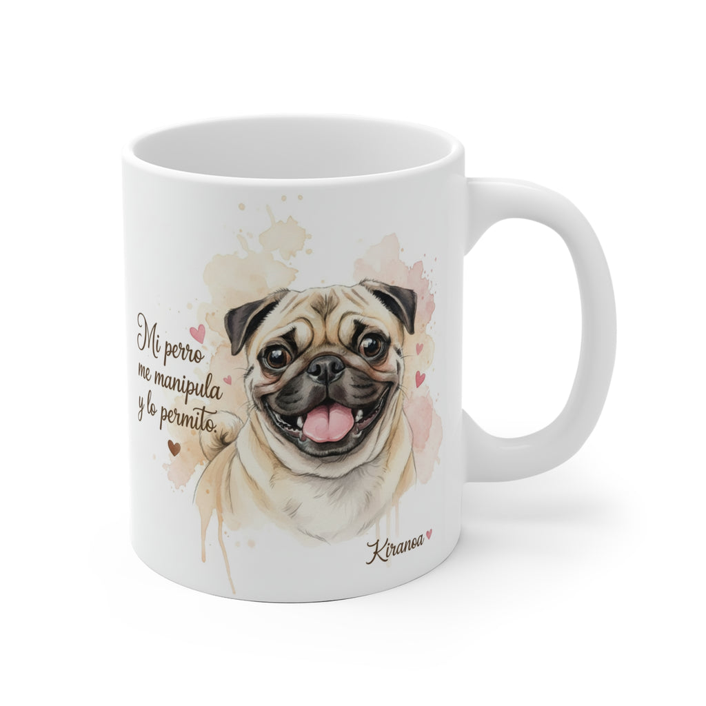 Taza cerámica Carlino con frase Mi perro me manipula y lo permito – vista frontal