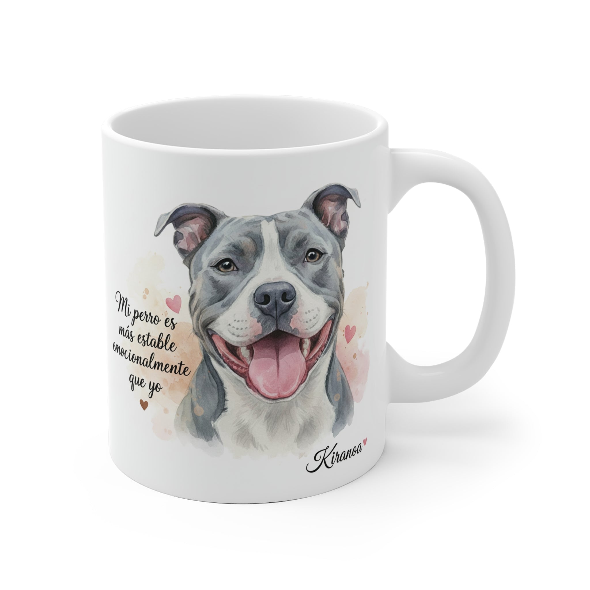 Taza cerámica Pit Bull con frase Mi perro es más estable emocionalmente que yo – vista frontal