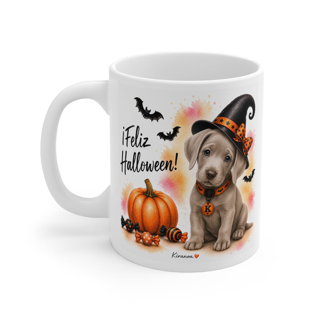 Taza cerámica Weimaraner Halloween con diseño impreso en ambas caras vista trasera Kiranoa