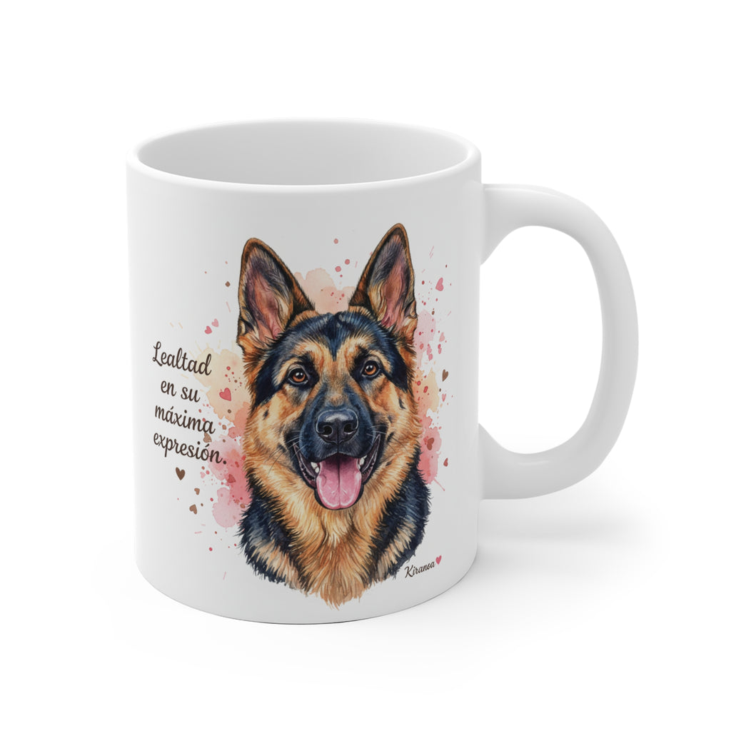 Taza cerámica Pastor Alemán con frase Lealtad en su máxima expresión. – vista frontal