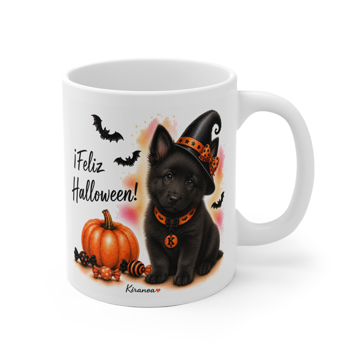 Taza cerámica Pastor Belga Groenendael Halloween con ilustración terrorífica vista frontal Kiranoa