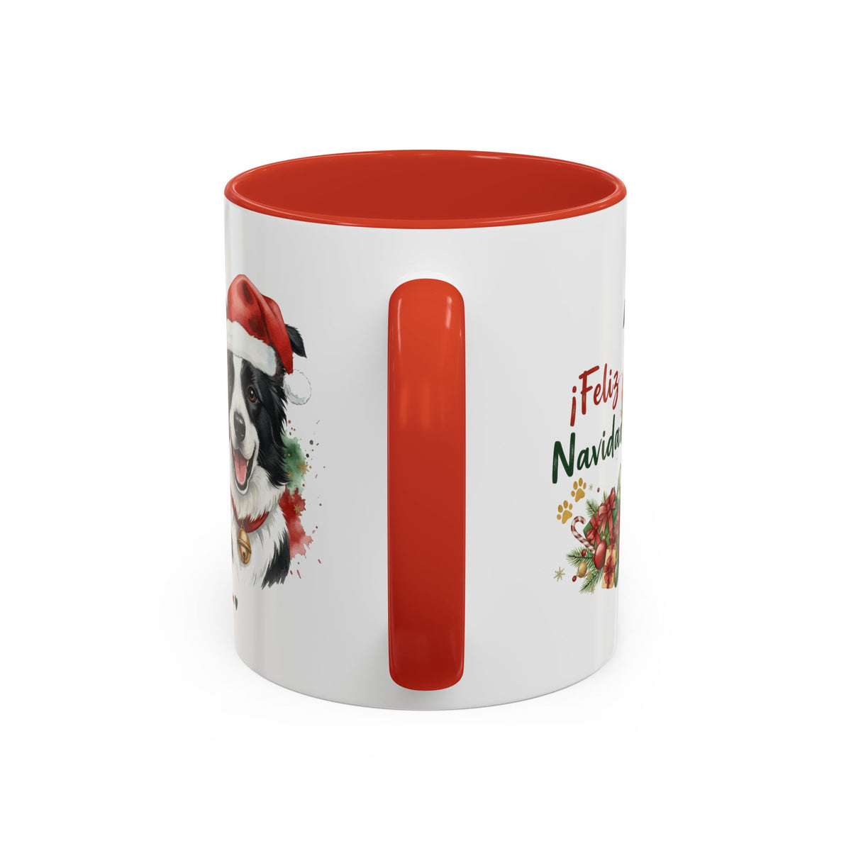 Taza Navideña Border Collie de 325 ml con interior y asa en rojo navideño vista lateral Kiranoa