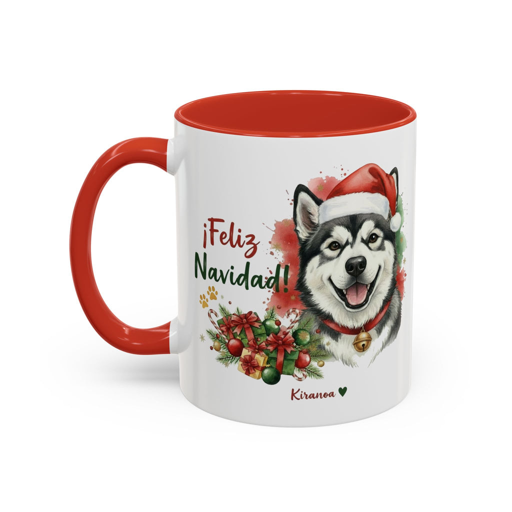 Taza Navideña Alaskan Malamute con interior y asa roja vista trasera Kiranoa