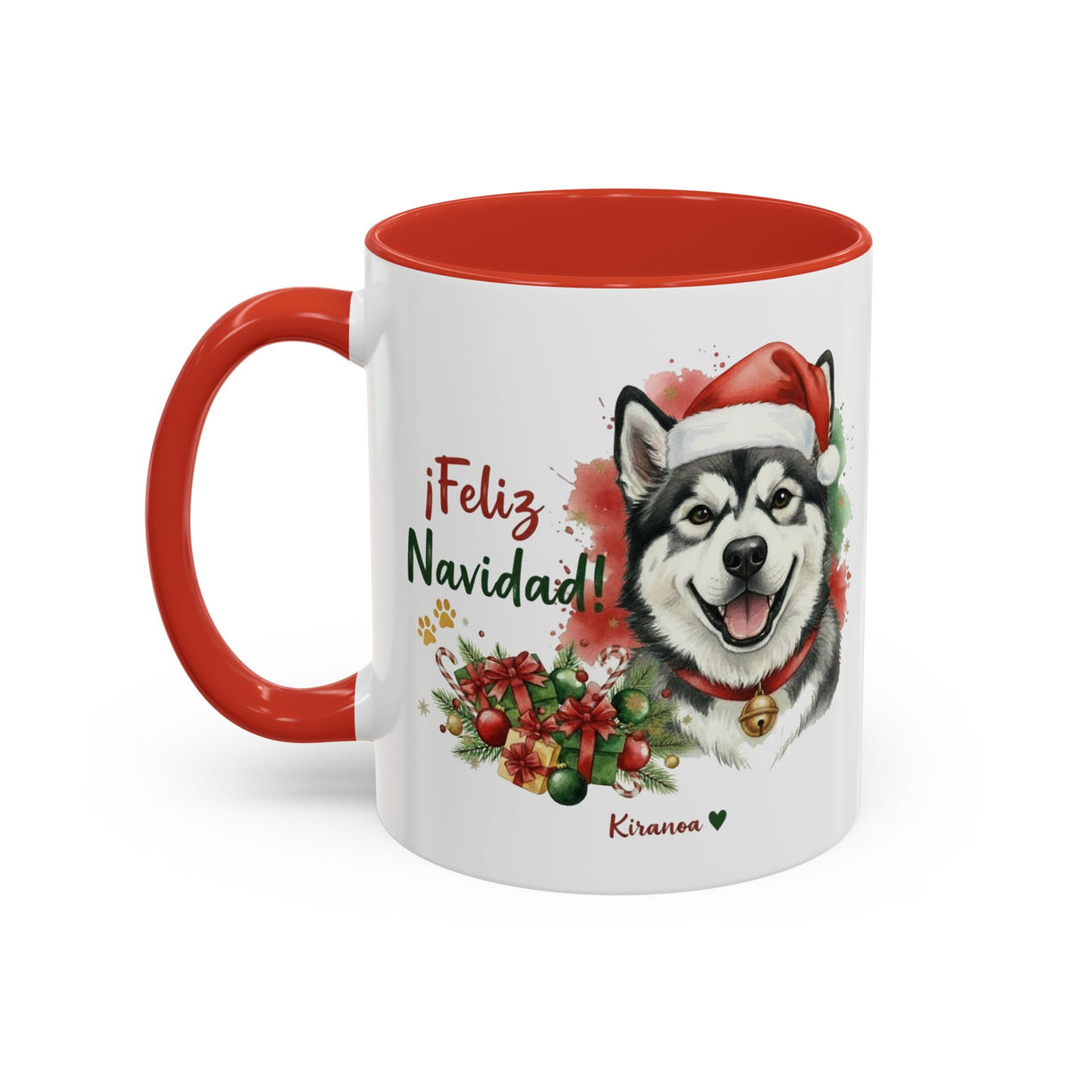 Taza Navideña Alaskan Malamute con interior y asa roja vista trasera Kiranoa
