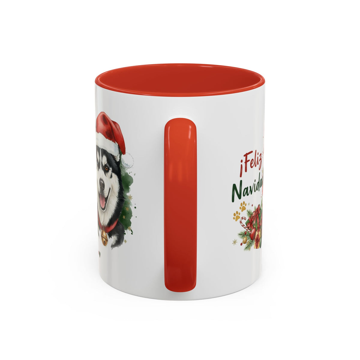 Taza Navideña Husky Siberiano Bicolor de 325 ml con interior y asa en rojo navideño vista lateral Kiranoa