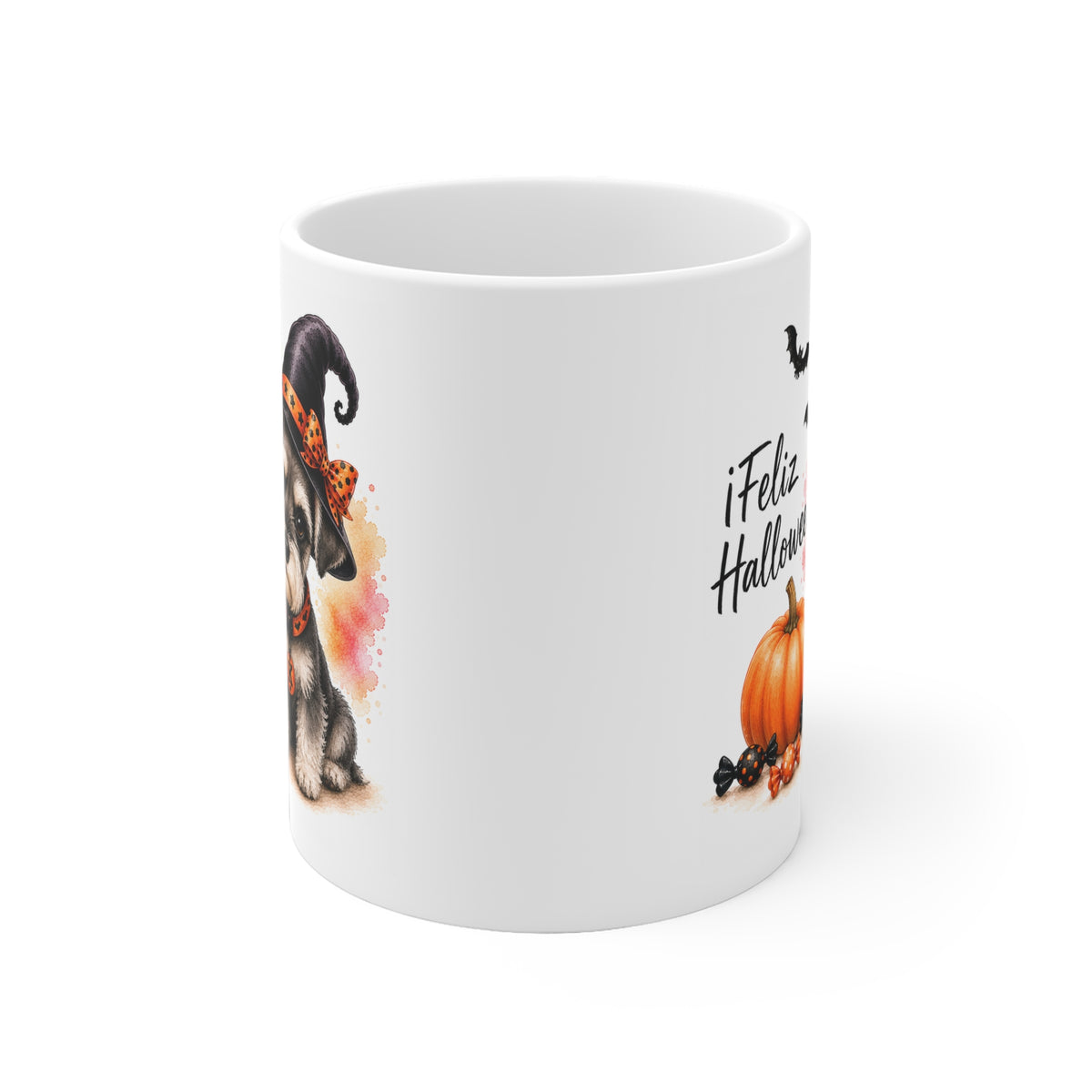 Taza cerámica Schnauzer Miniatura 325 ml edición Halloween vista lateral Kiranoa