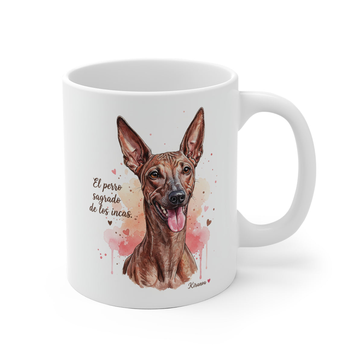 Taza cerámica Perro Sin Pelo del Perú con frase El perro sagrado de los incas – vista frontal