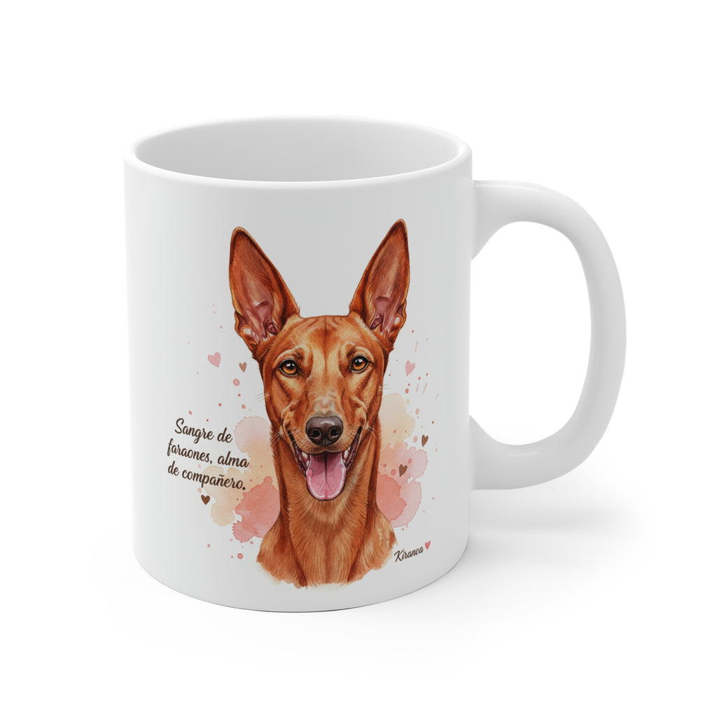 aza cerámica Pharaoh Hound con frase Sangre de faraones, alma de compañero. – vista frontal