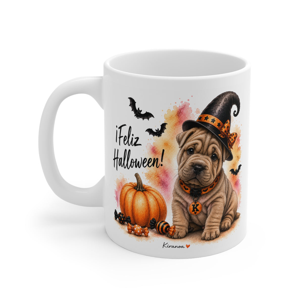 Taza cerámica Shar Pei Halloween con diseño impreso en ambas caras vista trasera Kiranoa