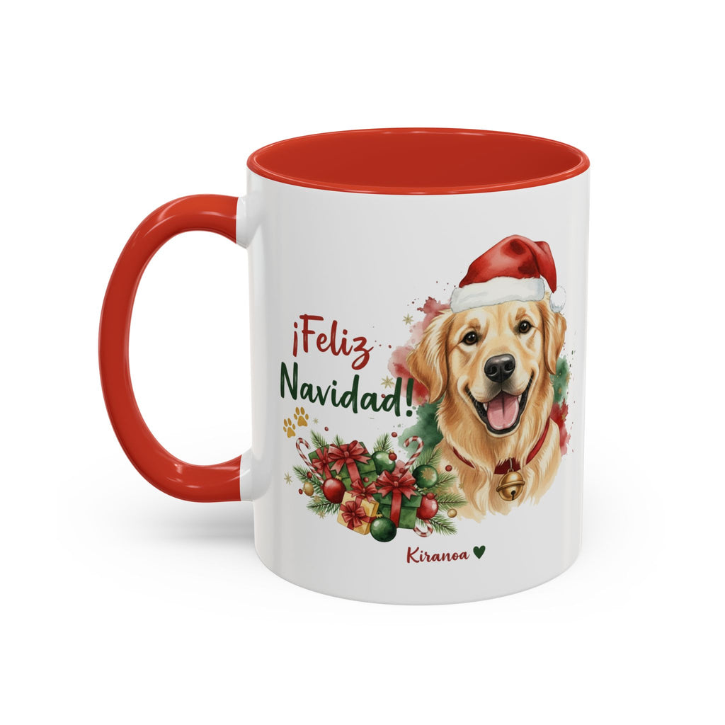 Taza Navideña Golden Retriever con interior y asa roja vista trasera Kiranoa