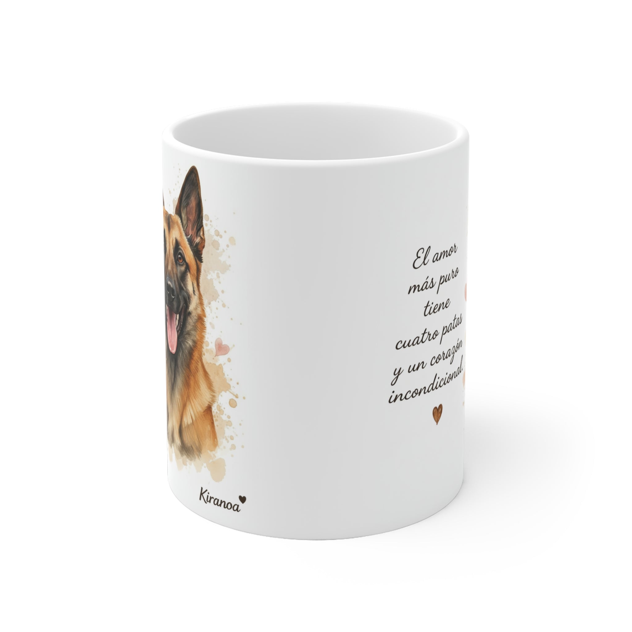 Vista lateral de la taza de cerámica 325 ml con ilustración de Pastor Belga Malinois leonado – Kiranoa