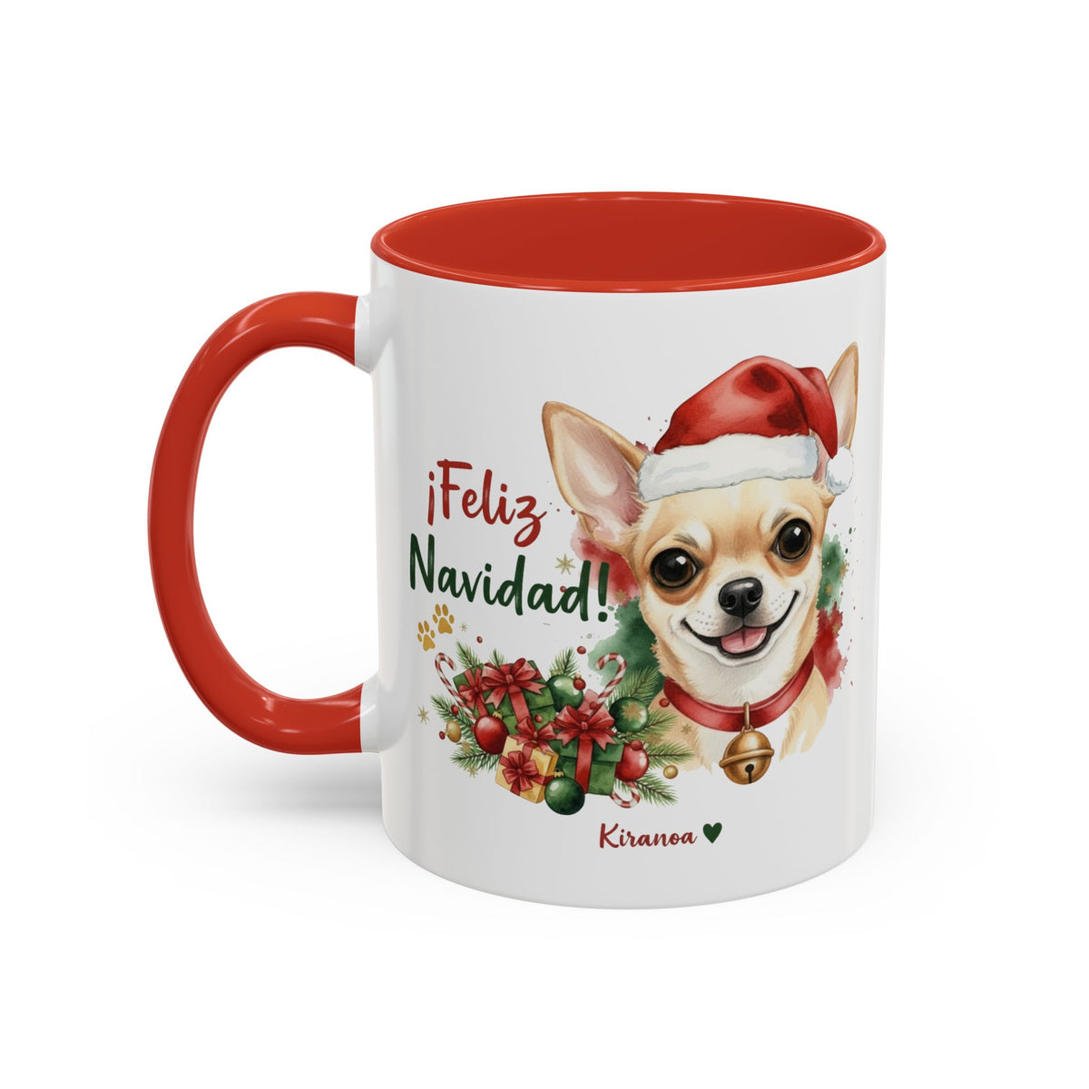 Taza Navideña Chihuahua con interior y asa roja vista trasera Kiranoa