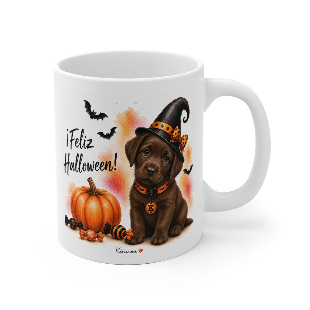 Taza cerámica Labrador Chocolate Halloween con ilustración terrorífica vista frontal Kiranoa
