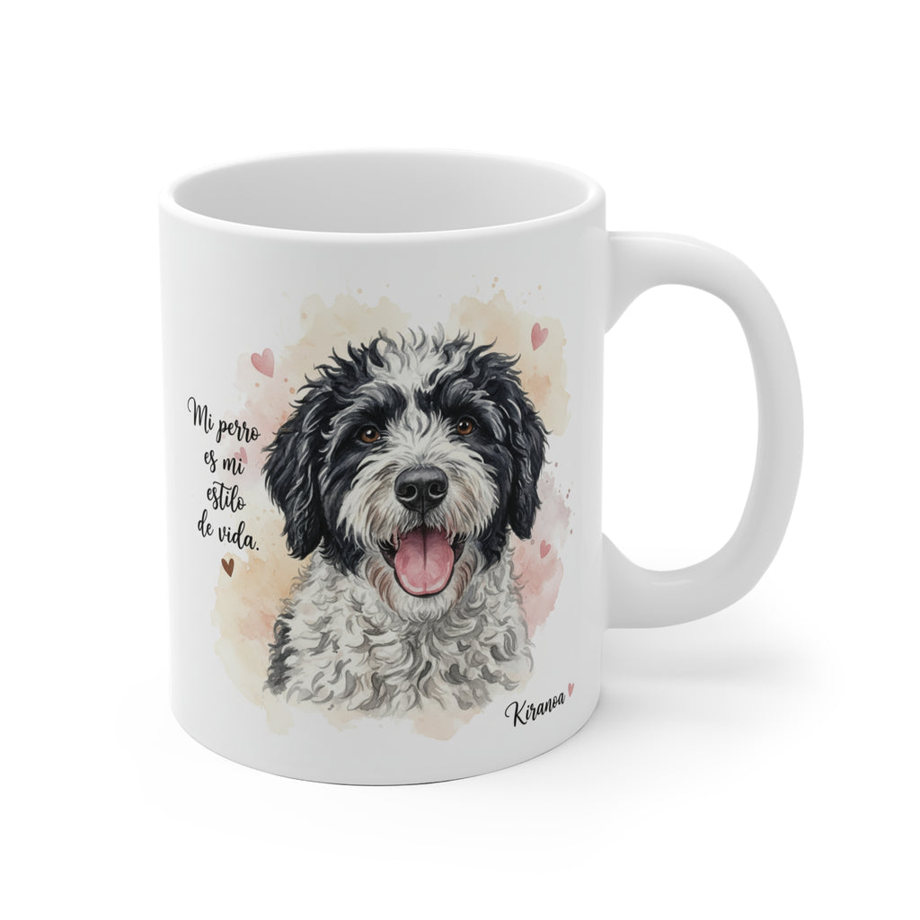 Taza cerámica Perro de Agua Español con frase Mi perro es mi estilo de vida. – vista frontal