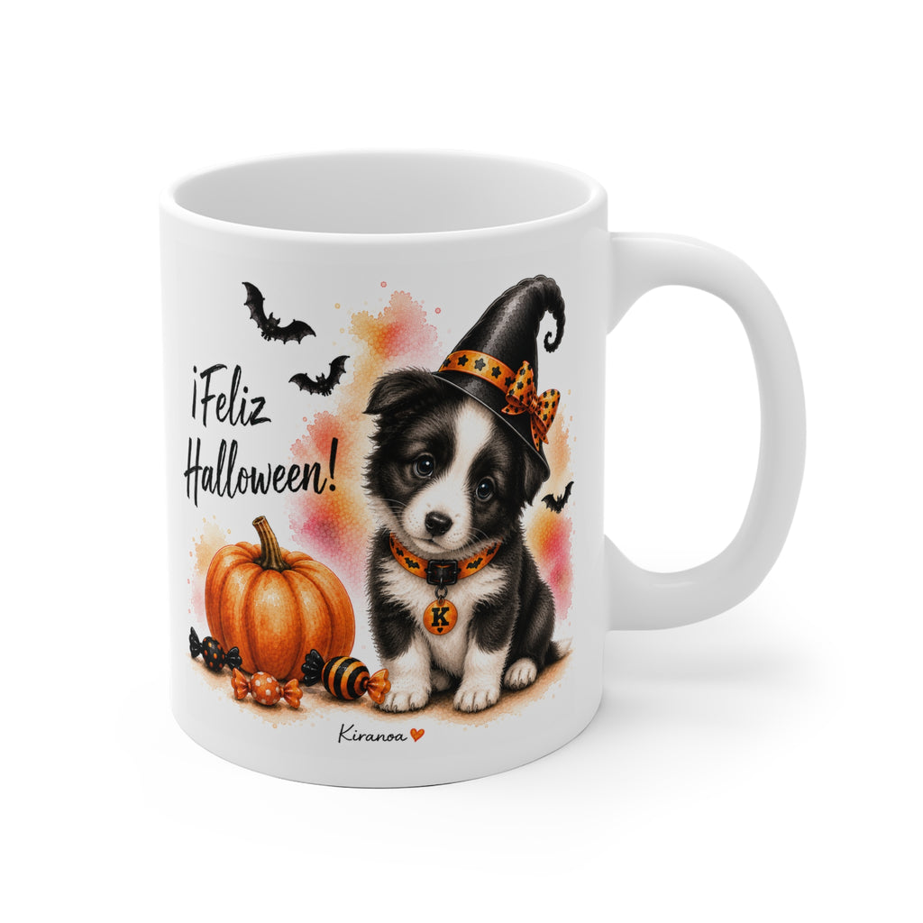Taza cerámica Border Collie Halloween con ilustración terrorífica vista frontal Kiranoa