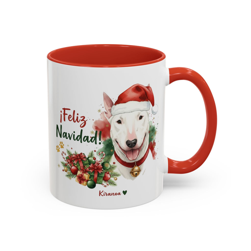 Taza Navideña Bull Terrier con frase ¡Feliz Navidad! vista frontal Kiranoa