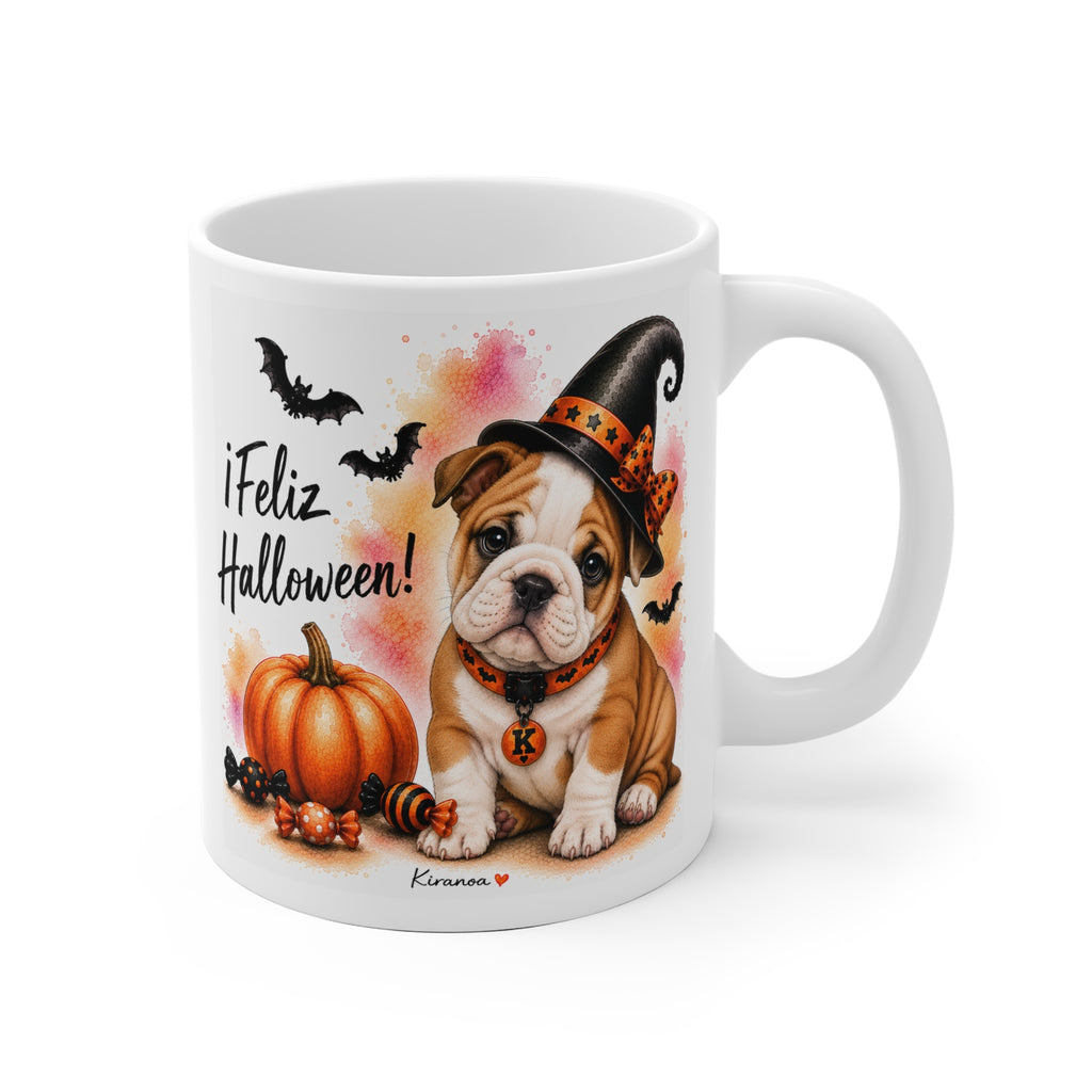 Taza cerámica Bulldog Inglés Halloween con ilustración terrorífica vista frontal Kiranoa