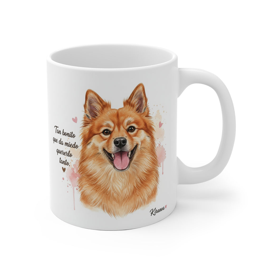 Taza cerámica Spitz Alemán con frase Tan bonito que da miedo quererlo tanto – vista frontal