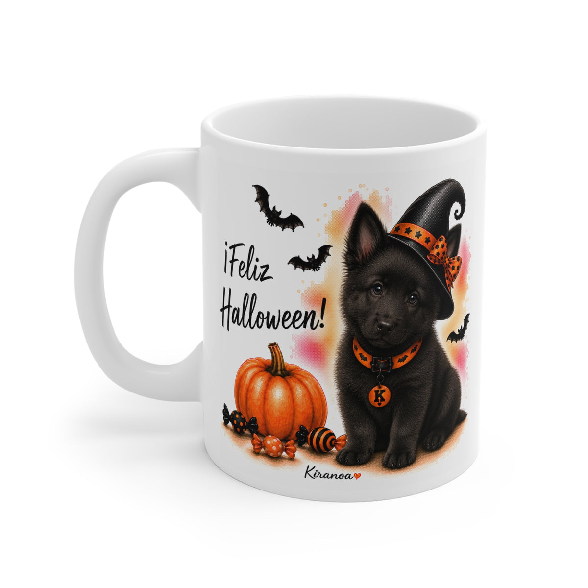 Taza cerámica Pastor Belga Groenendael Halloween con diseño impreso en ambas caras vista trasera Kiranoa