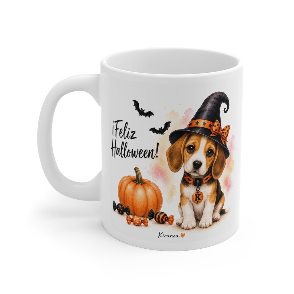 Taza cerámica Beagle Halloween con diseño impreso en ambas caras vista trasera Kiranoa