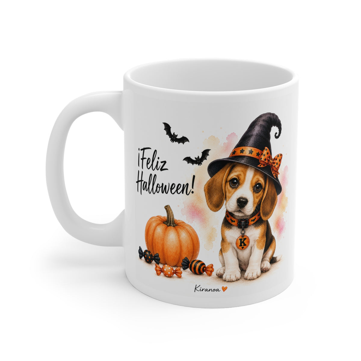 Taza cerámica Beagle Halloween con diseño impreso en ambas caras vista trasera Kiranoa