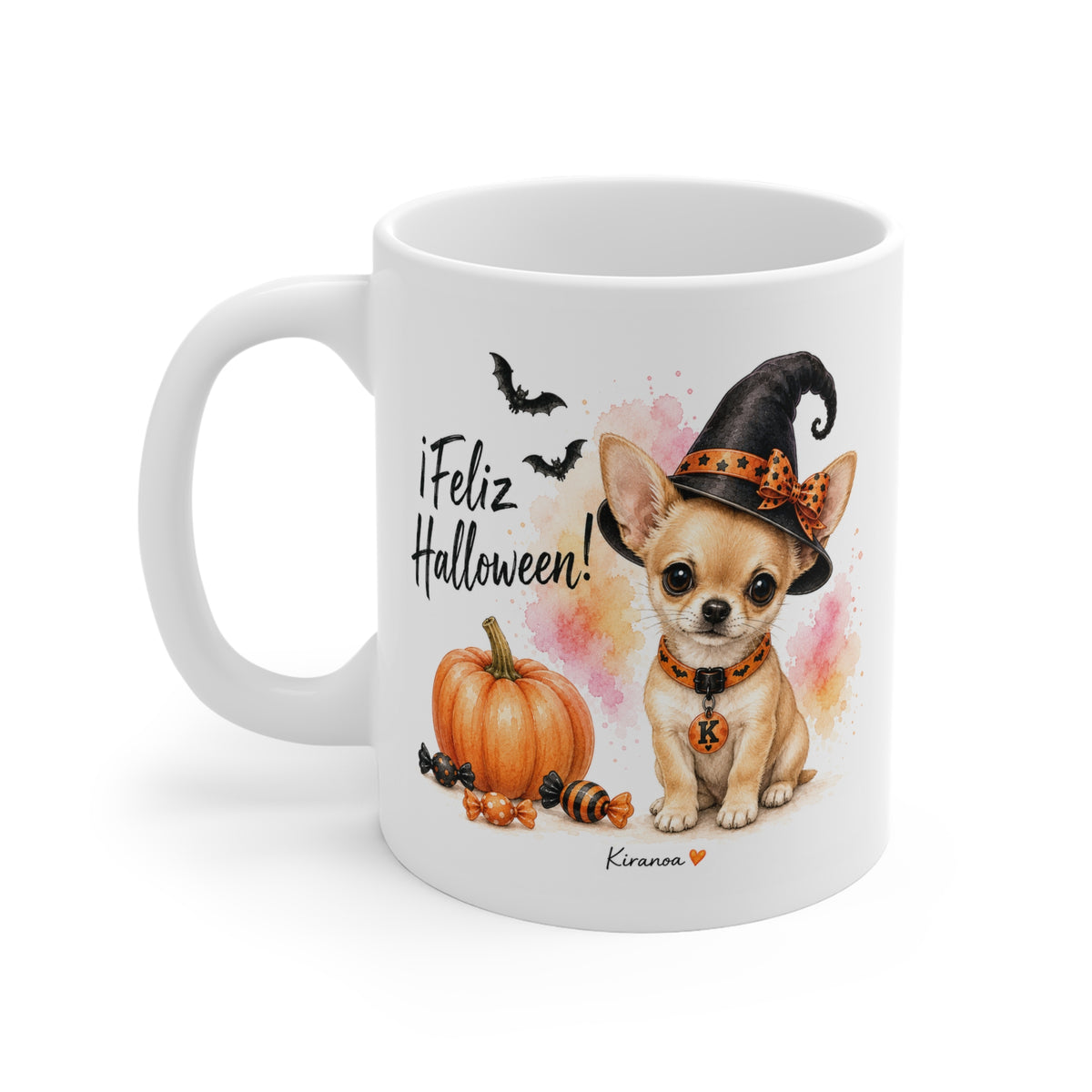 Taza cerámica Chihuahua Halloween con diseño impreso en ambas caras vista trasera Kiranoa