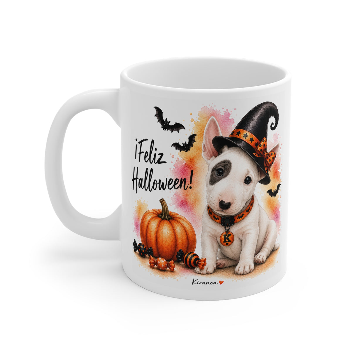 Taza cerámica Bull Terrier Halloween con diseño impreso en ambas caras vista trasera Kiranoa