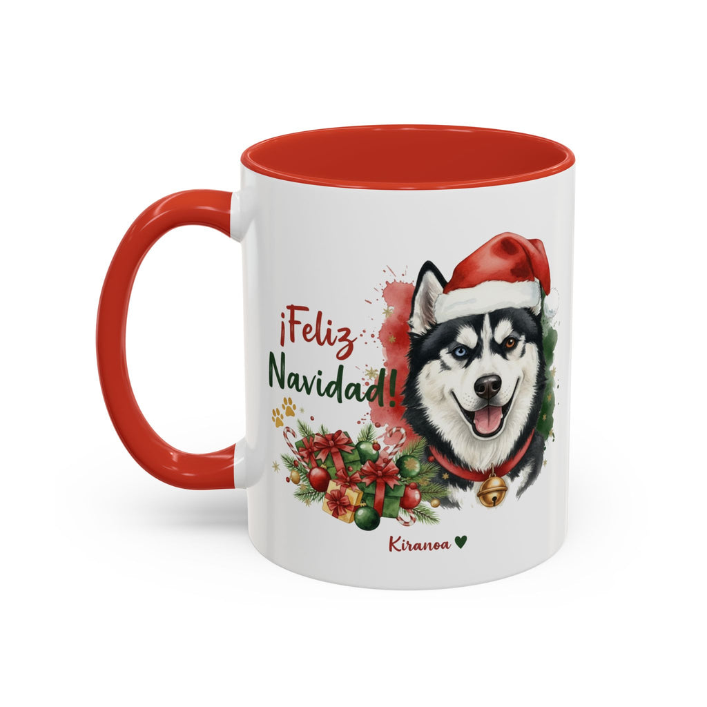 Taza Navideña Husky Siberiano Bicolor con interior y asa roja vista trasera Kiranoa