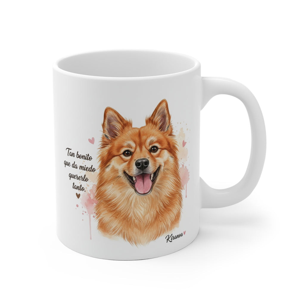 Taza cerámica Spitz Alemán con frase Tan bonito que da miedo quererlo tanto – vista frontal