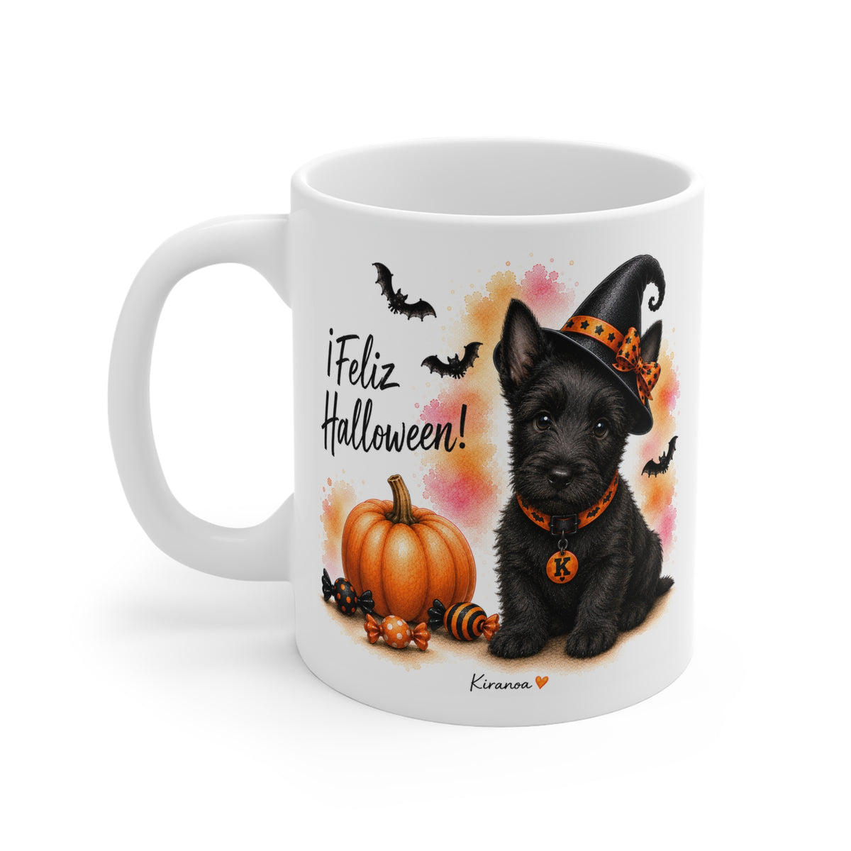 Taza cerámica Scottish Terrier Halloween con diseño impreso en ambas caras – vista trasera