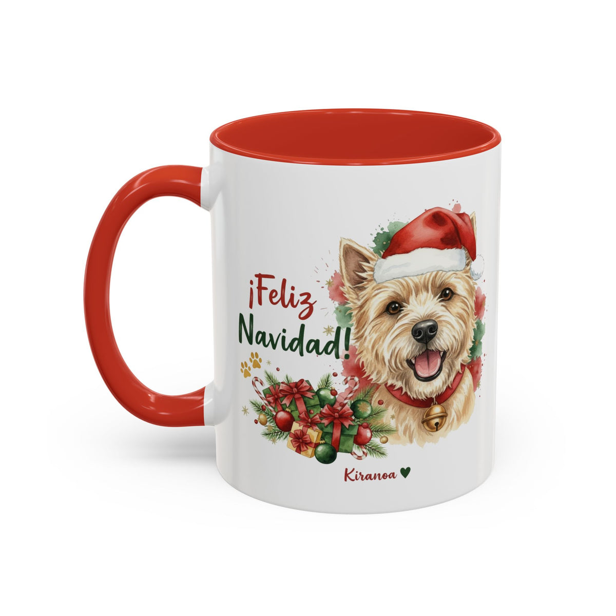Taza Navideña Cairn Terrier con interior y asa roja vista trasera Kiranoa