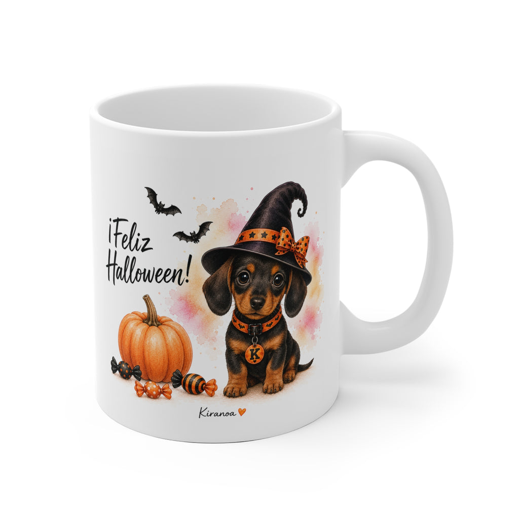 Taza cerámica Dachshund Halloween con ilustración terrorífica vista frontal Kiranoa
