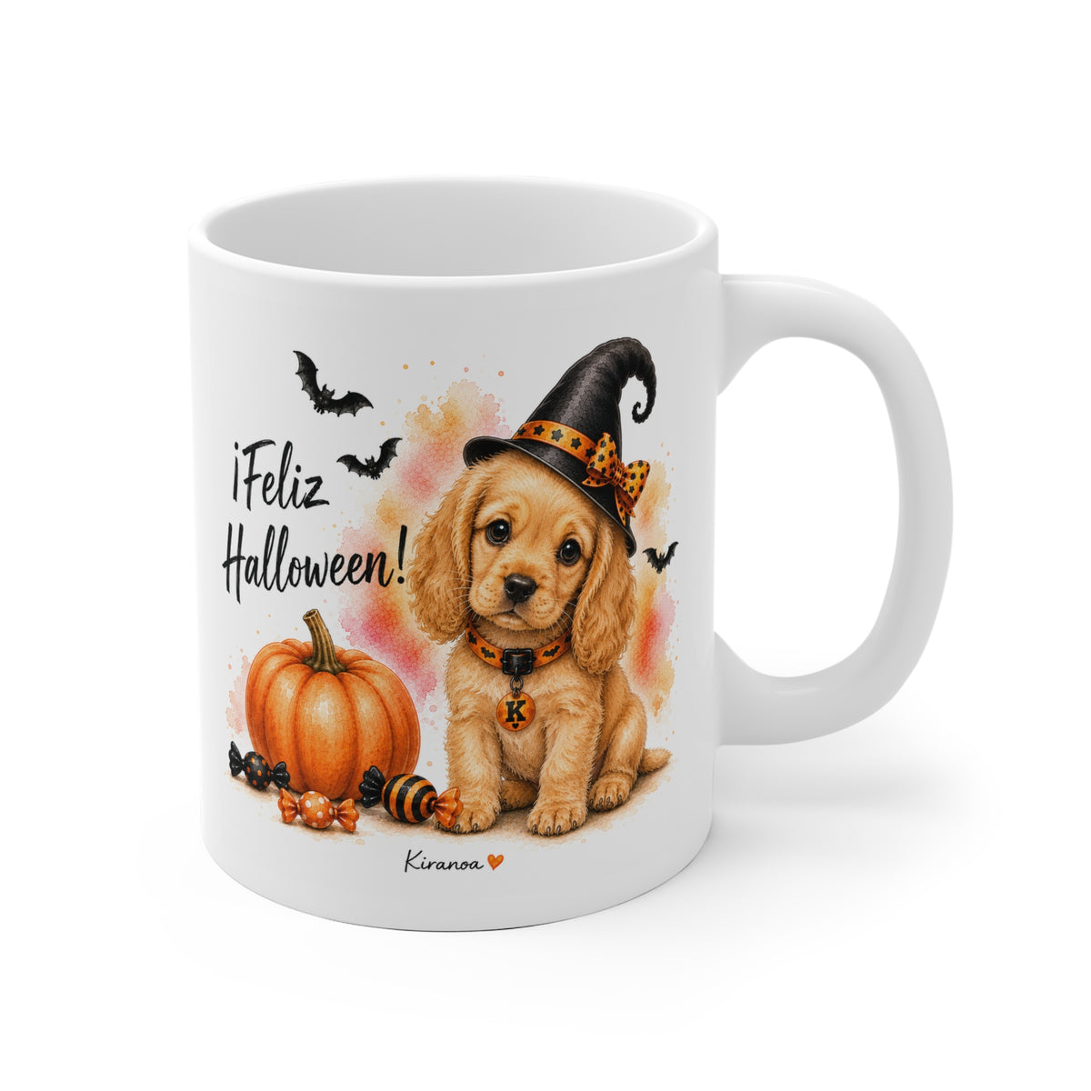Taza cerámica Cocker Spaniel Inglés Halloween con ilustración terrorífica vista frontal Kiranoa