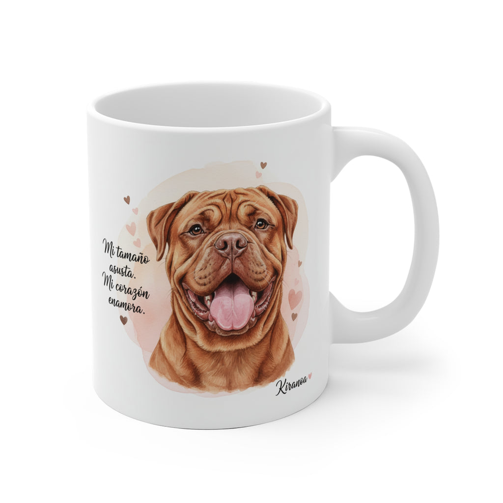 Taza cerámica Dogo de Burdeos con frase Mi tamaño asusta mi corazón enamora – vista frontal  