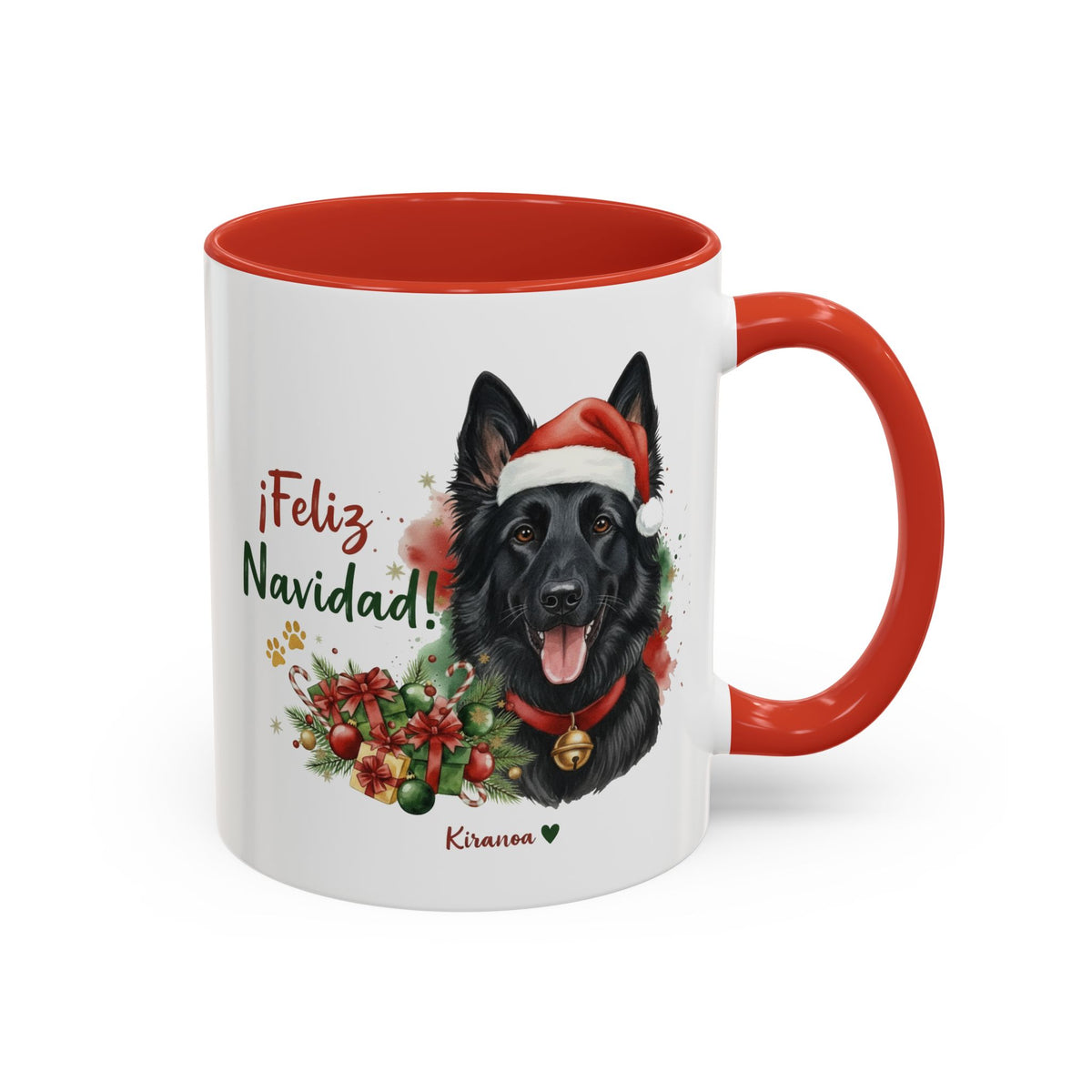 Taza Navideña Pastor Belga Groenendael con frase ¡Feliz Navidad! vista frontal Kiranoa