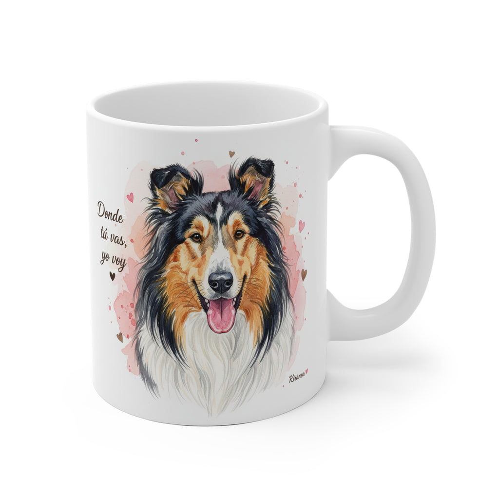 Taza cerámica Collie con frase Donde tú vas yo voy – vista frontal