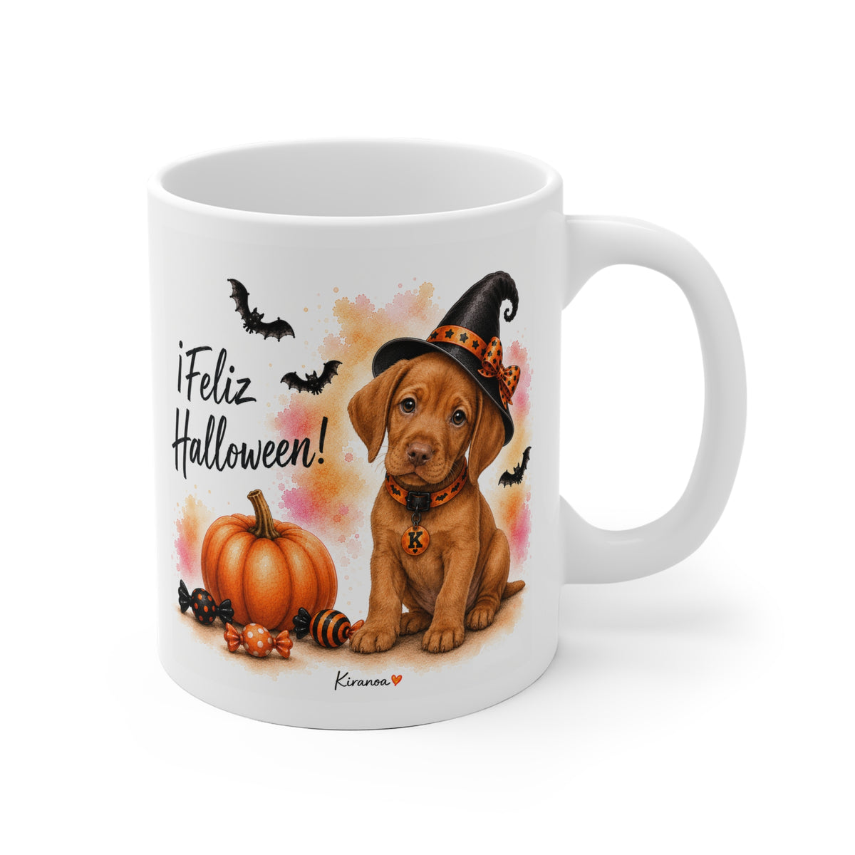Taza cerámica Vizsla Halloween con ilustración terrorífica vista frontal Kiranoa