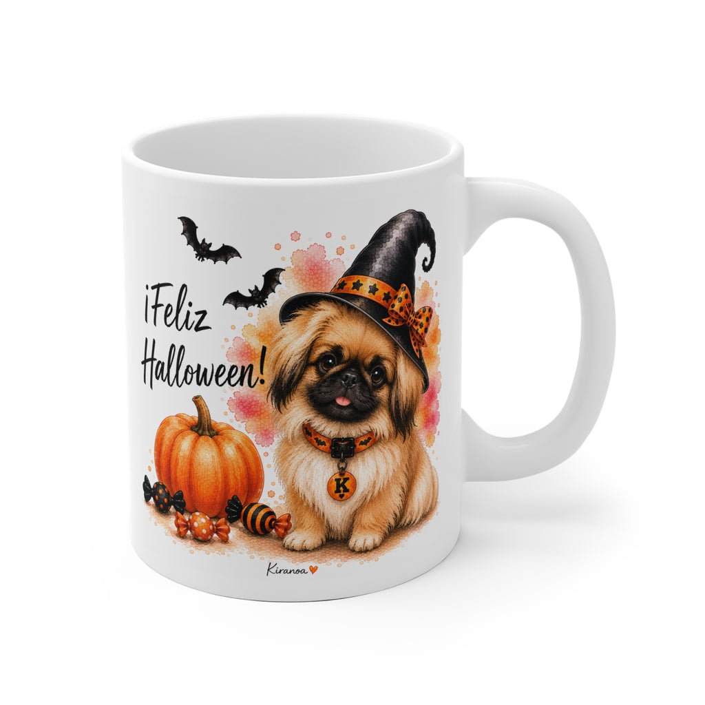 Taza cerámica Pequinés Halloween con ilustración terrorífica vista frontal Kiranoa