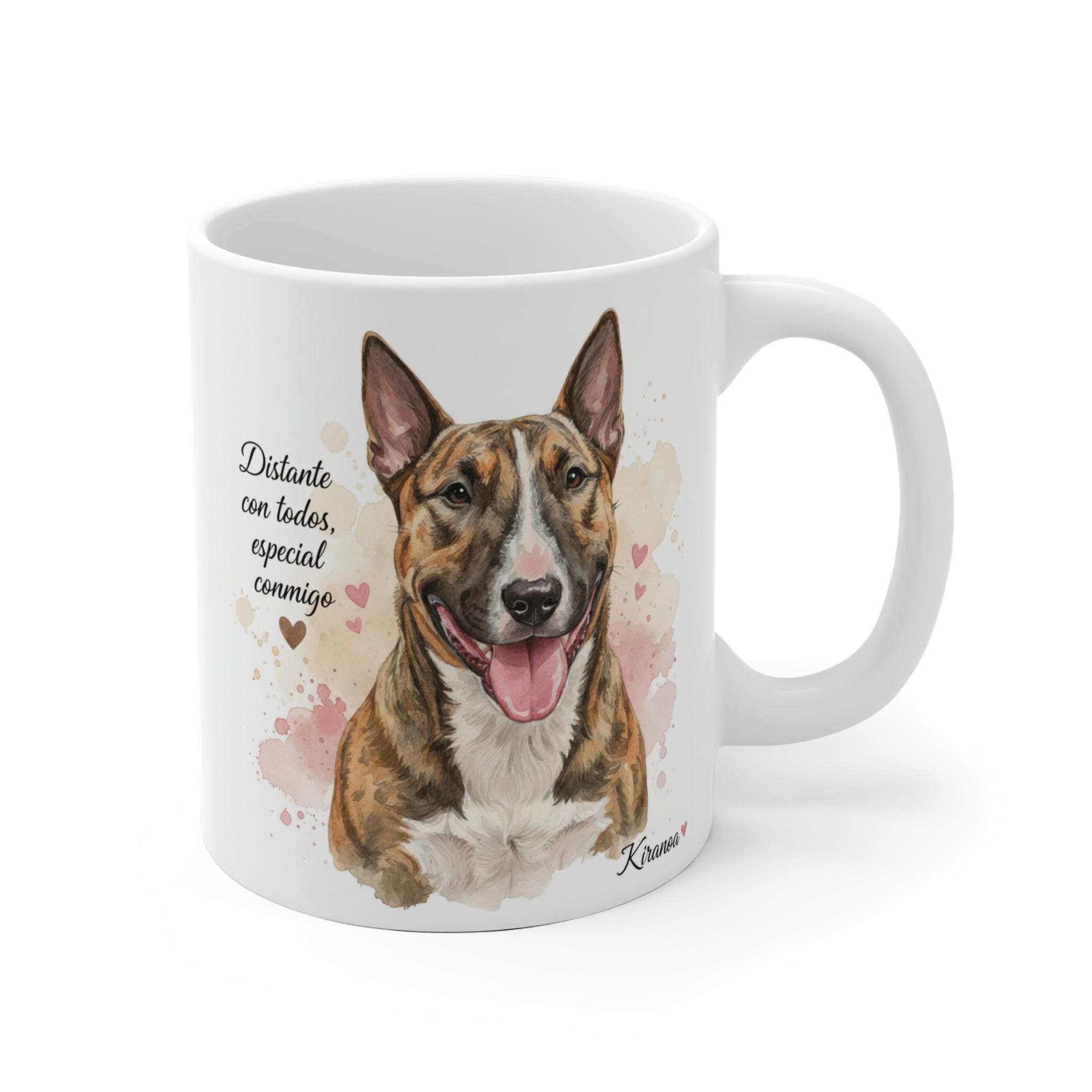 Taza Bull Terrier con la frase Distante con todos, especial conmigo — ilustración acuarela — Kiranoa