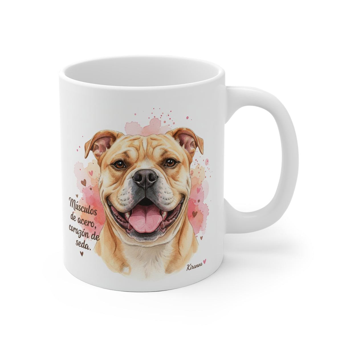 Taza cerámica Bulldog Americano con frase Músculos de acero, corazón de seda. – vista frontal