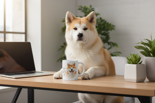 Taza Akita con la frase Trabajo para pagarle las chuches a mi perro, en ambiente de escritorio acogedor – Kiranoa