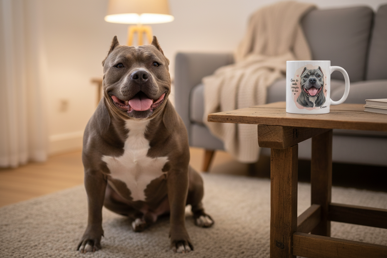 Taza American Bully ambiente acogedor para teletrabajar con taza de café, ideal para oficina o regalo