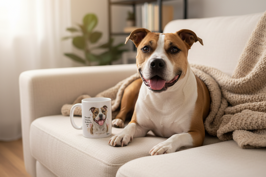 American Staffordshire Terrier junto a taza cerámica con ilustración en acuarela – escena lifestyle Kiranoa