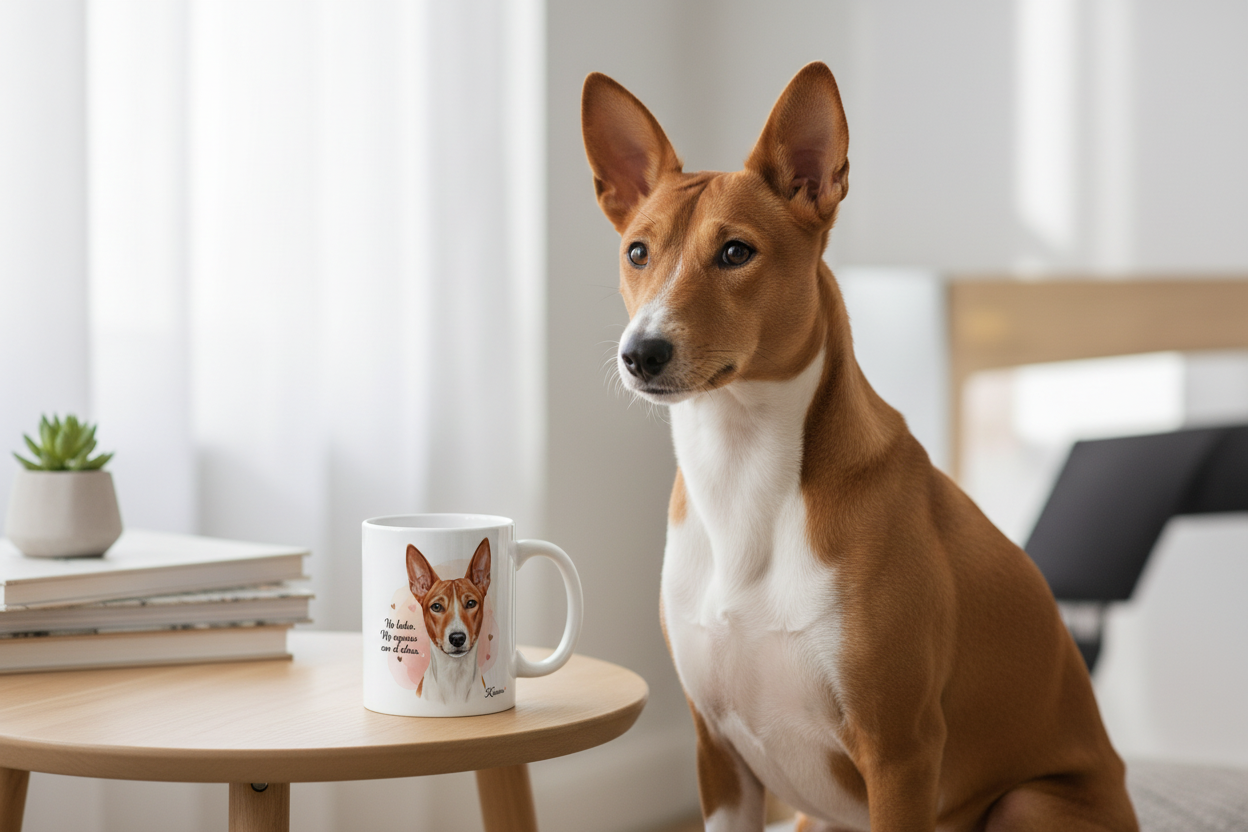 Basenji junto a taza cerámica con ilustración en acuarela – escena lifestyle Kiranoa