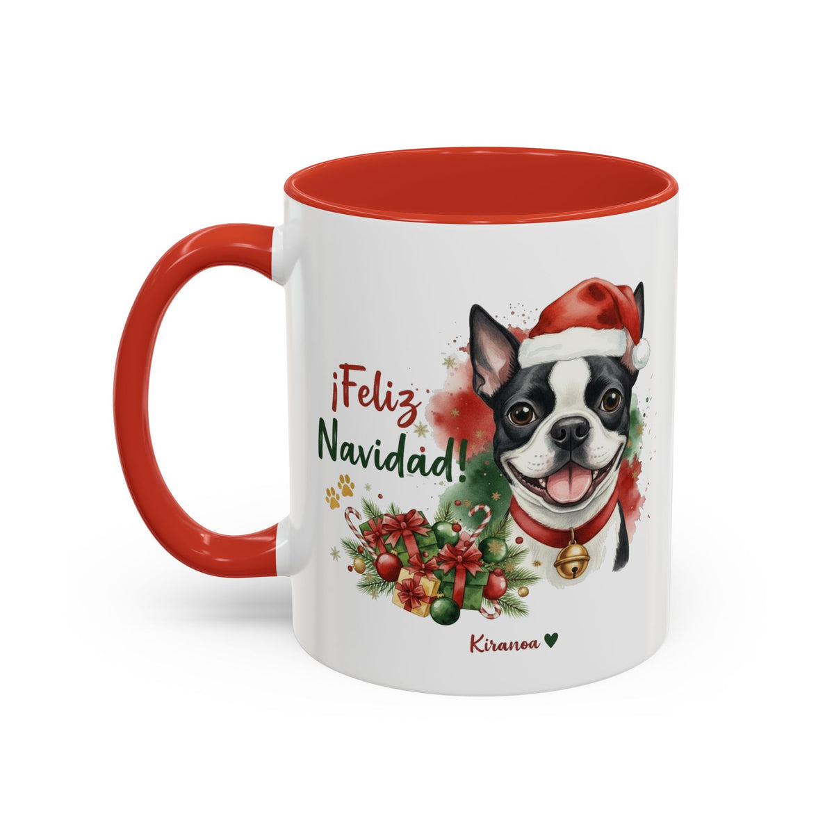 Taza Navideña Boston Terrier con interior y asa roja vista trasera Kiranoa
